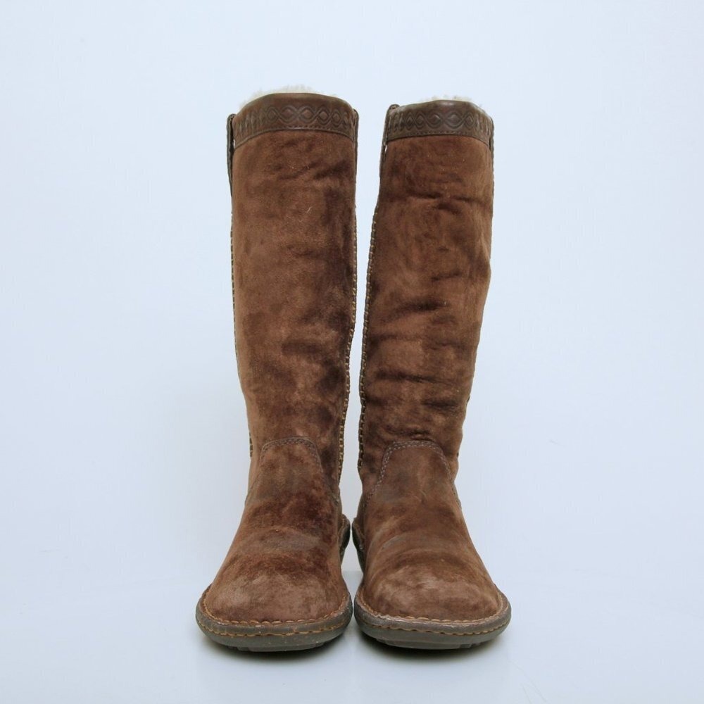 UGG Swell Sherpa Round Toe Suede Shearling Pull On Tall Boots Brown Women 6